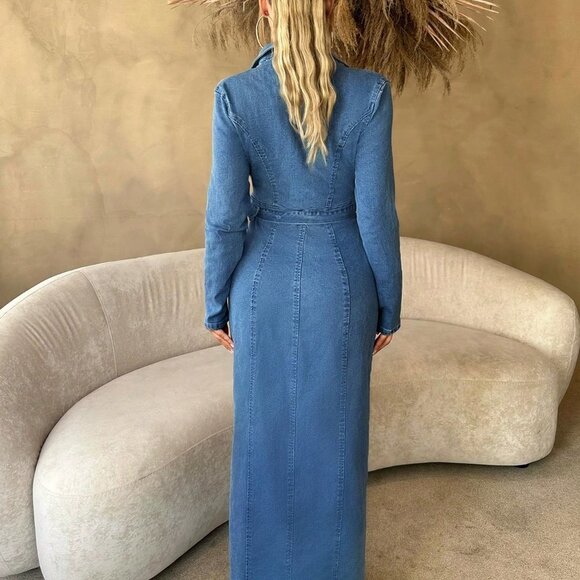 Blue Casual Womens Button Front Belted Denim Dress - Picture 2 of 4